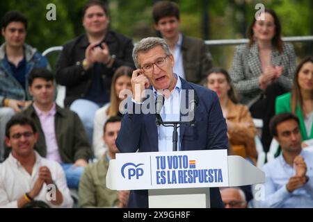 Gijón, Spain, May 31, 2024: The President of the Popular Party, Alberto Núñez Feijoo addresses the public during the Popular Party Campaign Rally for the European Elections 2024, on May 31, 2024, in Gijón, Spain. Credit: Alberto Brevers / Alamy Live News. Stock Photo