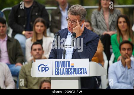 Gijón, Spain, May 31, 2024: The President of the Popular Party, Alberto Núñez Feijoo addresses the public during the Popular Party Campaign Rally for the European Elections 2024, on May 31, 2024, in Gijón, Spain. Credit: Alberto Brevers / Alamy Live News. Stock Photo