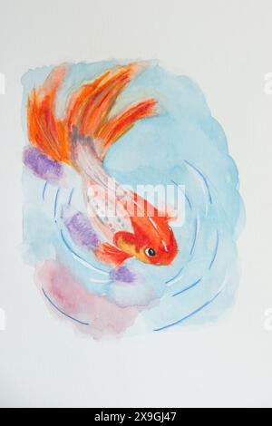 Watercolor. Illustration of goldfish in water. White background Stock Photo