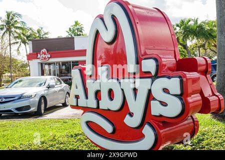 North Miami Beach Florida,Arby's fast food sandwich restaurant,outside exterior,sign signs information,promoting promotion advertising logo,visitors v Stock Photo