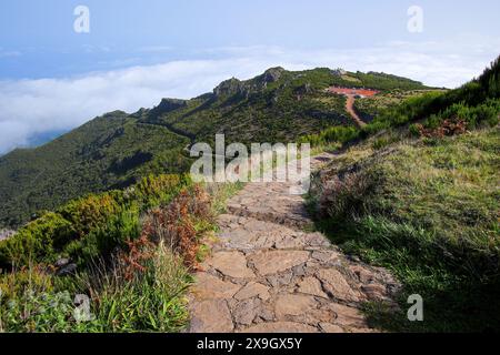 Parking of the Achada do Teixeira, an altitude restaurant at the start of the PR 1.2 trail climbing to the Pico Ruivo, the highest mountain peak on Ma Stock Photo