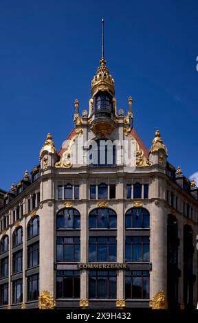 Commerzbank, former Ebert department stores', gilded facade elements, allegories, Leipzig, Saxony, Germany Stock Photo