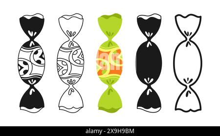 Candy with ornament wrapped sign set. Sweets bonbon lollipop chocolate, caramel candies snack flat silhouette, icon linear design. Simple symbol tasty sugar dessert food. Wrapped yummy caramel vector Stock Vector