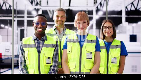 Factory Engineer Team Portraits. Industrial Manufacturing Plant Stock Photo