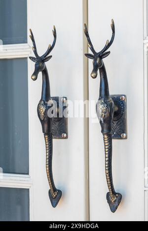 Door handles in the form of deer with antlers on the entrance doors of the old commonwealth Bank Building in Tenterfield, new south wales, australia Stock Photo