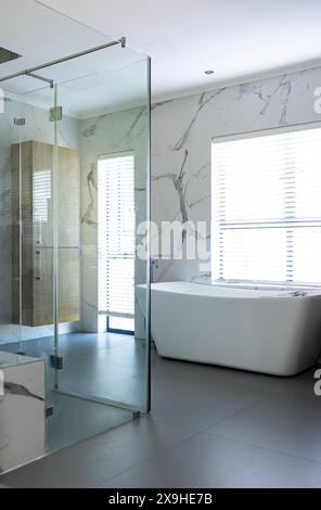 At home, glass shower and white bathtub are dominating a modern bathroom Stock Photo