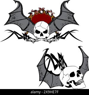 winged skull gotic tattoo pack collection sticker in vector format Stock Vector