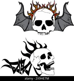 winged skull gotic tattoo pack collection sticker in vector format Stock Vector