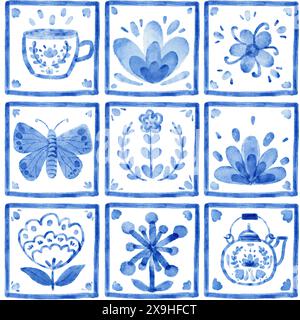 Blue ceramic tiles with flowers, plant.  Seamless pattern, digital paper. Butterfly, tea pot, cup illustration Stock Photo