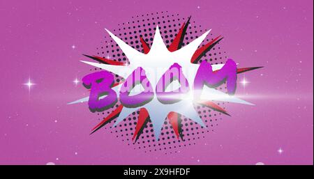 Image of boom text over stars on purple background Stock Photo