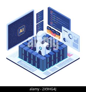 Flat 3d Isometric Ai Robot in Server Room with Data Analytics. AI Data Center Automation Concept Stock Vector