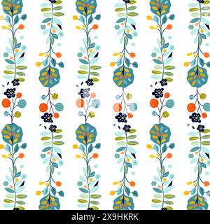 Seamless pattern featuring vertical stripes of decorative plants, flowers, and trees in folk art style on a white background. Ideal for textiles, wallpapers, and spring designs. Incorporates vibrant colors and traditional motifs Stock Vector