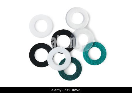 Set of pipe gaskets from various materials isolated on a white background Stock Photo