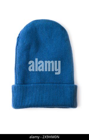 Winter blue wool knitted hat isolated on white background Stock Photo