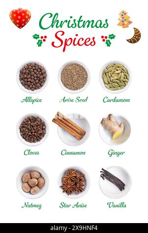 Christmas spices and the scents of winter holidays in white bowls, and with English labeling. Stock Photo