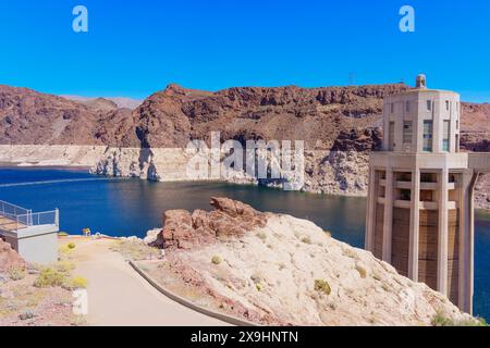 View of the Water Intake Tower at Hoover Dam on the Colorado River on a Sunny Day. Stock Photo