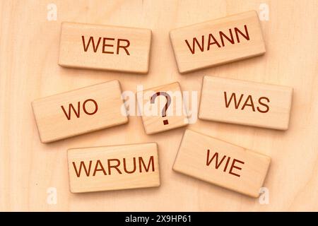 Grundfragen im Journalismus Die journalistischen Grundfragen sind gedruckt auf Holzwürfel mit Fragezeichen *** Basic questions in journalism The basic Stock Photo