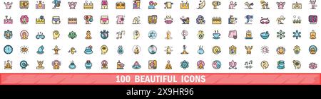 100 beautiful icons set. Color line set of beautiful vector icons thin line color flat on white Stock Vector
