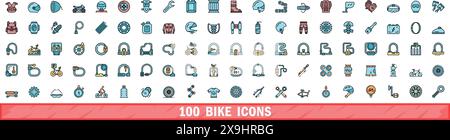 100 bike icons set. Color line set of bike vector icons thin line color flat on white Stock Vector