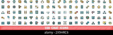 100 chat icons set. Color line set of chat vector icons thin line color flat on white Stock Vector