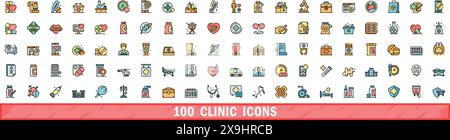 100 clinic icons set. Color line set of clinic vector icons thin line color flat on white Stock Vector