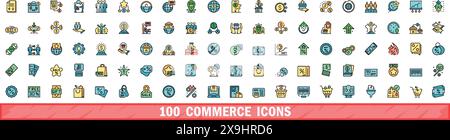 100 commerce icons set. Color line set of commerce vector icons thin line color flat on white Stock Vector