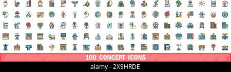 100 concept icons set. Color line set of concept vector icons thin line color flat on white Stock Vector