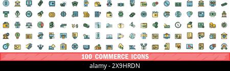 100 commerce icons set. Color line set of commerce vector icons thin line color flat on white Stock Vector