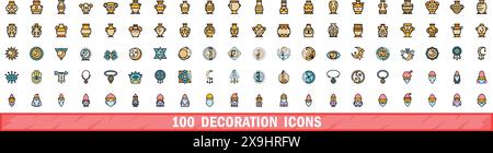 100 decoration icons set. Color line set of decoration vector icons thin line color flat on white Stock Vector