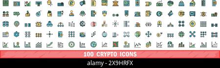 100 crypto icons set. Color line set of crypto vector icons thin line color flat on white Stock Vector
