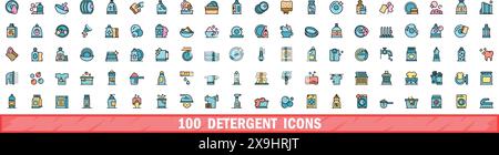 100 detergent icons set. Color line set of detergent vector icons thin line color flat on white Stock Vector