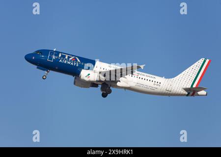 Barcelona, Spain - February 4, 2024: ITA Airways Airbus A320 taking off from El Prat Airport in Barcelona, Spain. Stock Photo