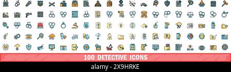 100 detective icons set. Color line set of detective vector icons thin line color flat on white Stock Vector