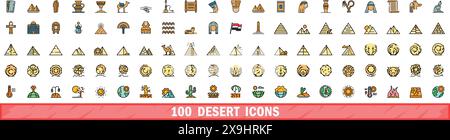 100 desert icons set. Color line set of desert vector icons thin line color flat on white Stock Vector
