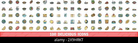 100 delicious icons set. Color line set of delicious vector icons thin line color flat on white Stock Vector