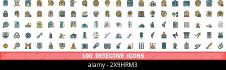 100 detective icons set. Color line set of detective vector icons thin line color flat on white Stock Vector