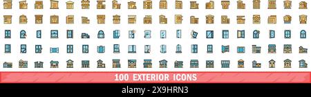 100 exterior icons set. Color line set of exterior vector icons thin line color flat on white Stock Vector