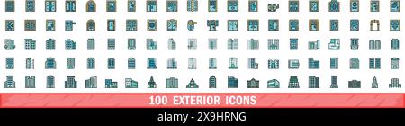 100 exterior icons set. Color line set of exterior vector icons thin line color flat on white Stock Vector