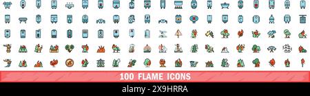 100 flame icons set. Color line set of flame vector icons thin line color flat on white Stock Vector