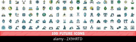 100 future icons set. Color line set of future vector icons thin line color flat on white Stock Vector