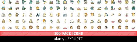 100 face icons set. Color line set of face vector icons thin line color flat on white Stock Vector