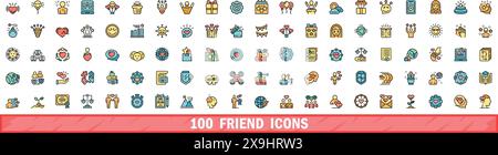100 friend icons set. Color line set of friend vector icons thin line color flat on white Stock Vector
