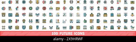 100 future icons set. Color line set of future vector icons thin line color flat on white Stock Vector