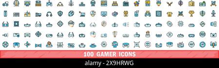 100 gamer icons set. Color line set of gamer vector icons thin line color flat on white Stock Vector