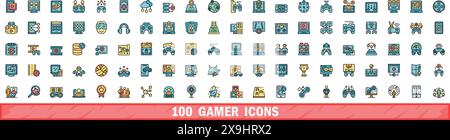 100 gamer icons set. Color line set of gamer vector icons thin line color flat on white Stock Vector