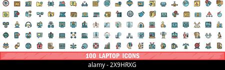100 laptop icons set. Color line set of laptop vector icons thin line color flat on white Stock Vector