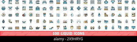 100 liquid icons set. Color line set of liquid vector icons thin line color flat on white Stock Vector