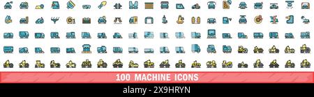 100 machine icons set. Color line set of machine vector icons thin line color flat on white Stock Vector