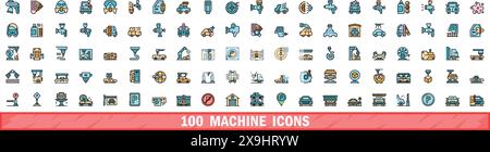 100 machine icons set. Color line set of machine vector icons thin line color flat on white Stock Vector