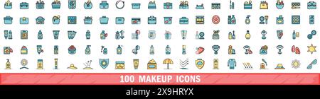 100 makeup icons set. Color line set of makeup vector icons thin line color flat on white Stock Vector